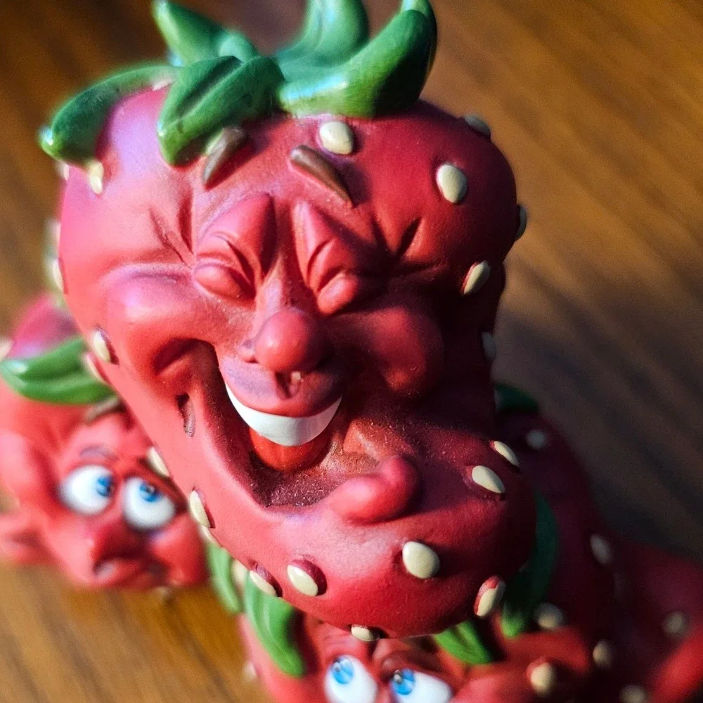 Vintage Anthropomorphic Strawberry Trio Figurine Funny Face Fruit Decor Red
